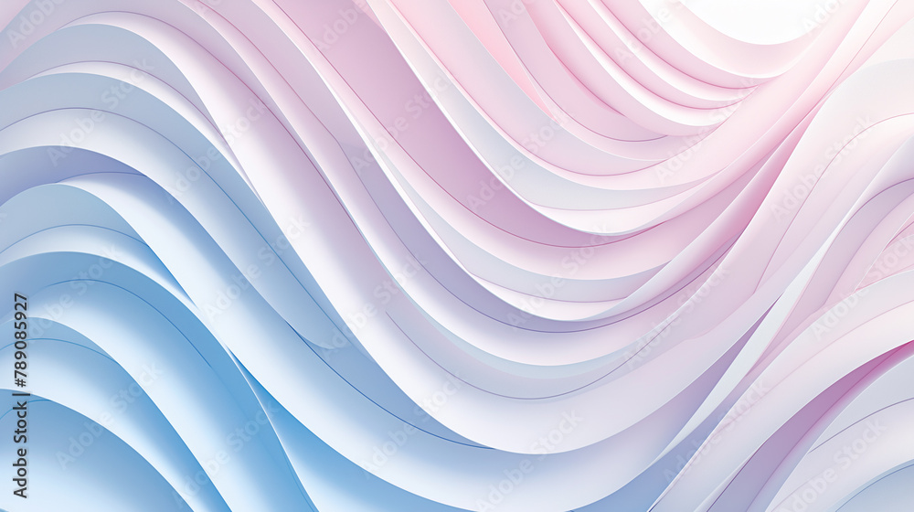 3d render of abstract background with wavy paper elements, pastel colors, soft lighting, low angle shot, blue and pink gradient