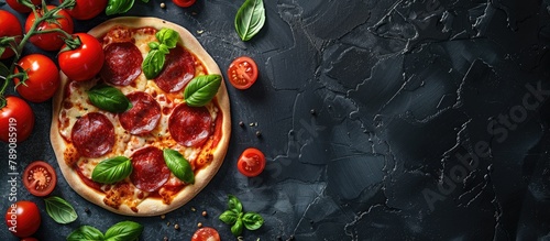 Pepperoni pizza and ingredients like tomatoes and basil arranged on a black concrete surface. Overhead view of a freshly baked pepperoni pizza, with room for text. Displayed as a flat lay image.
