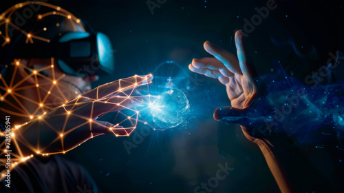 Hands manipulating virtual reality controllers with dynamic blue light connections, illustrating advanced interactive technology. Ai in games and program development. Banner. Copy space