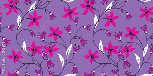 Purple seamless pattern with abstract artistic branches tiny flowers bells. Vector hand drawn. Simple violet background with creative wild floral stems intertwined in a printing. Template for designs