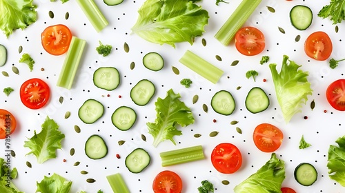 Eating pattern with raw ingredients of salad lettuce leaves cucumbers red tomatoes carrots celery and seeds on white background : Generative AI