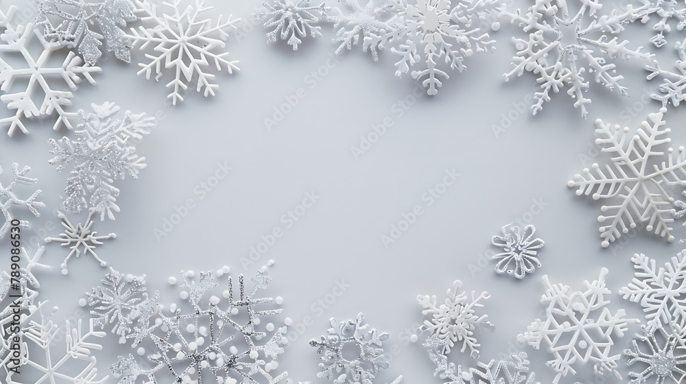 Christmas composition Christmas frame made of snowflakes on pastel gray background Winter concept Flat lay top view copy space : Generative AI Christmas composition Christmas frame made of snowflakes on pastel gray background Winter concept Flat lay top view copy space : Generative AI