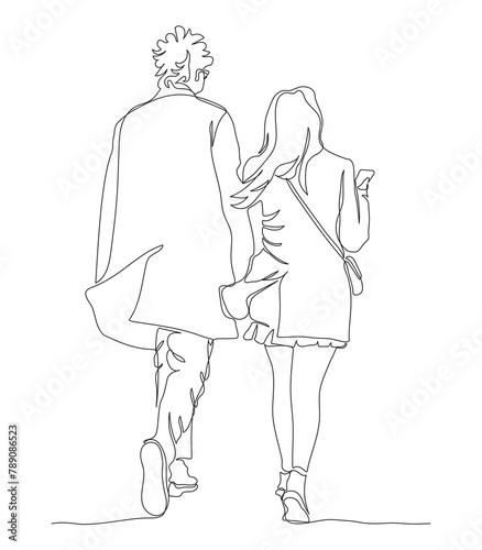 Couple walking away. Woman using phone man in glasses. Rear view. Continuous line drawing. Black and white vector illustration in line art style.