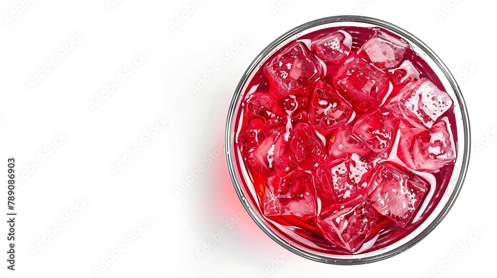 Red juice with ice cubes in glass isolated on white background Top view Flat lay : Generative AI Red juice with ice cubes in glass isolated on white background Top view Flat lay : Generative AI
