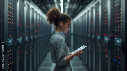 A professional engineer analyzes and improves electronic systems in the server room, ensuring efficient data storage. In the middle data center, a female engineer is deeply immersed in server setup