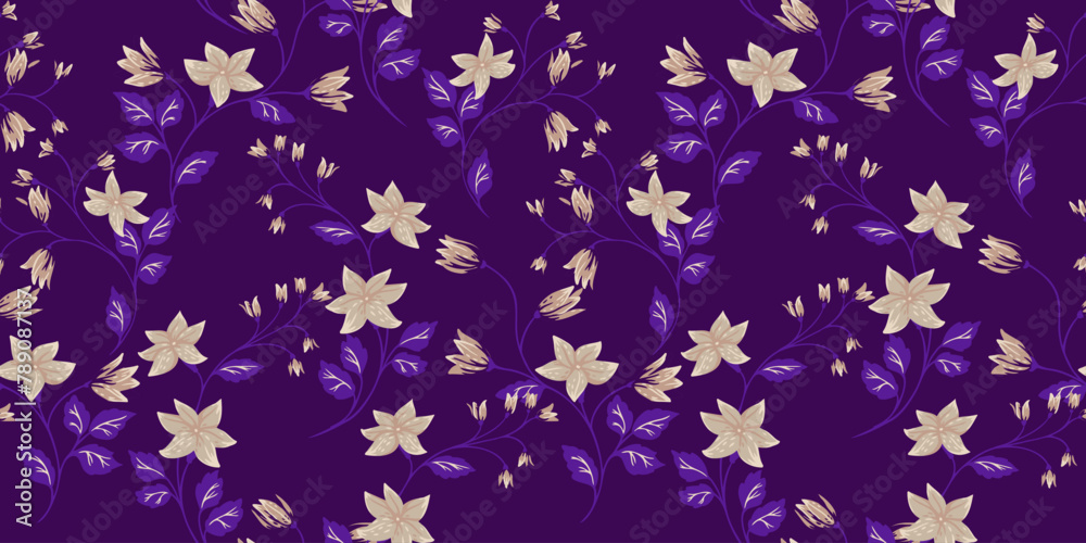 Elegance monotone seamless pattern with branches with tiny flowers bells, small leaves. Vector hand drawn illustration. Abstract artistic floral stems printing intertwined in a violet background.