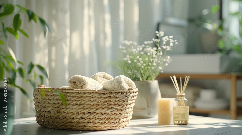 Serene home spa setting with towels and plants