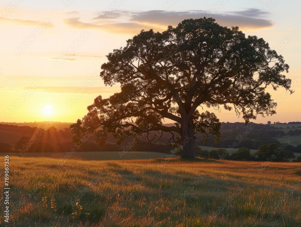 Fototapeta premium Sentinel of Solitude: The Lone Oak at Sunset