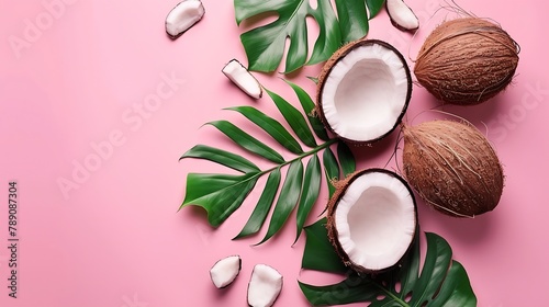 Creative layout made of coconuts and leaves Flat lay Food concept Coconut on pink background : Generative AI