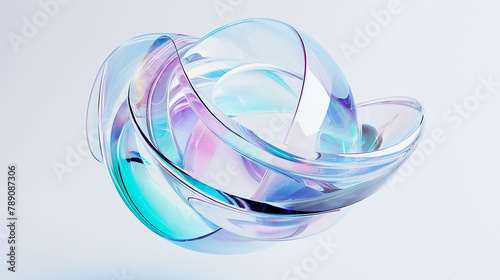 Abstract futuristic shape with iridescent glass texture floating on white background, 3d rendering illustration of clear contact lens. Pastel color, blue purple green and pink