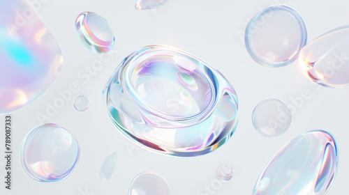 Abstract futuristic shape with iridescent glass texture floating on white background, 3d rendering illustration of clear contact lens. Pastel color, blue purple green and pink