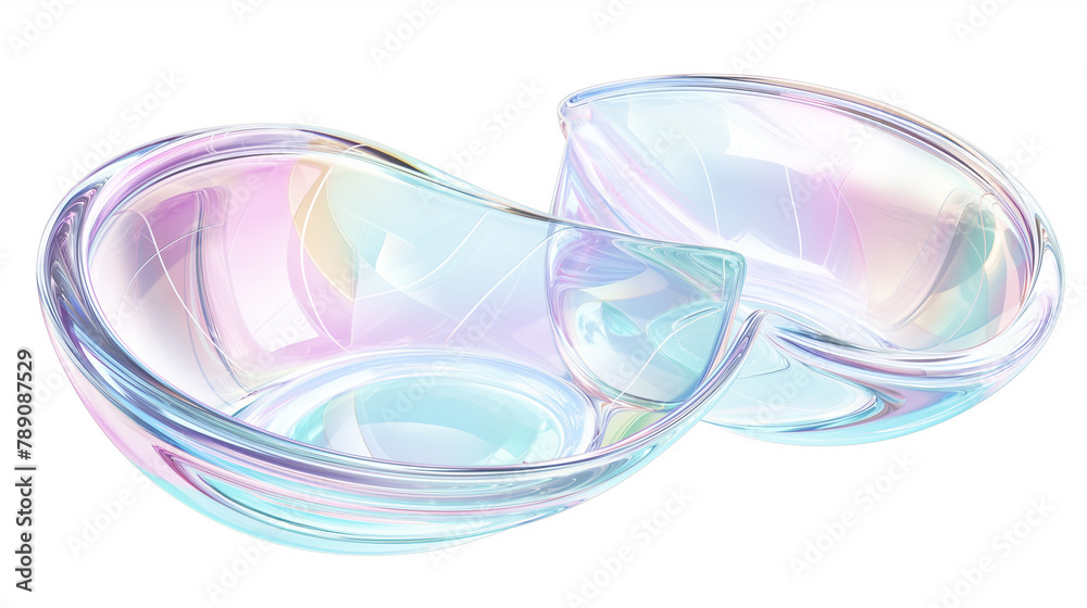 Abstract futuristic shape with iridescent glass texture floating on white background, 3d rendering illustration of clear contact lens. Pastel color, blue purple green and pink Abstract futuristic shape with iridescent glass texture floating on white background, 3d rendering illustration of clear contact lens. Pastel color, blue purple green and pink