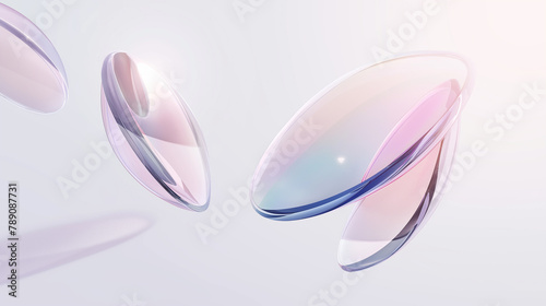 Abstract futuristic shape with iridescent glass texture floating on white background, 3d rendering illustration of clear contact lens. Pastel color, blue purple green and pink