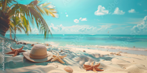 Summer beach banner with sand, sea, hat, star shells on blue sky background. Beach holiday concept. Copy space for text photo