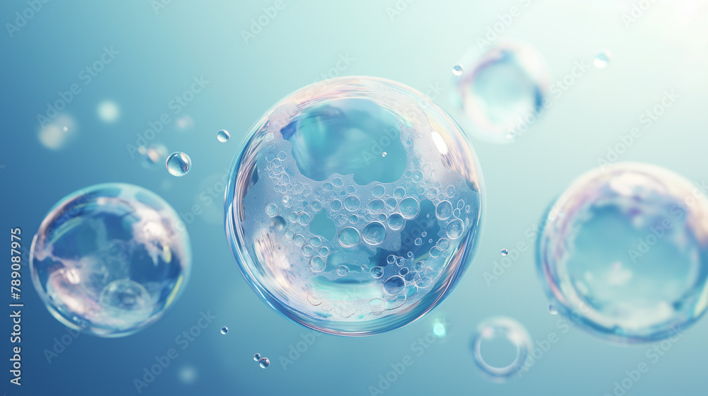 Abstract soap bubble on blue background, bubble in the air, clear glass texture, pastel colors