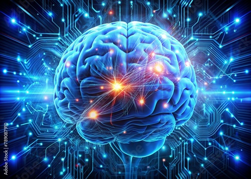 Digital technologies of the future. Artificial intelligence. The brain and digital codes on a virtual screen. The image was created using artificial intelligence.