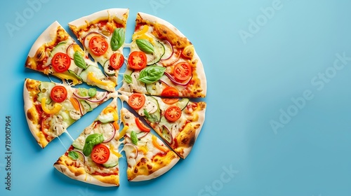 Top view with a sliced pizza primavera on a blue table Vegetarian pizza flat lay Sliced pizza isolated on a blue colored background : Generative AI