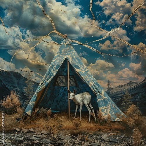 A tent set up in a bohoinspired wilderness, with a white albino deer peeking inside, under a sky made of fluttering film strips, photo