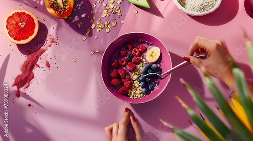 Preparing acai bowl in flat lay style with tropical fruits and grains : Generative AI photo