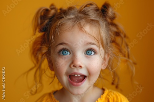 A joyful child with sparkling eyes, pigtails, and a bright yellow top