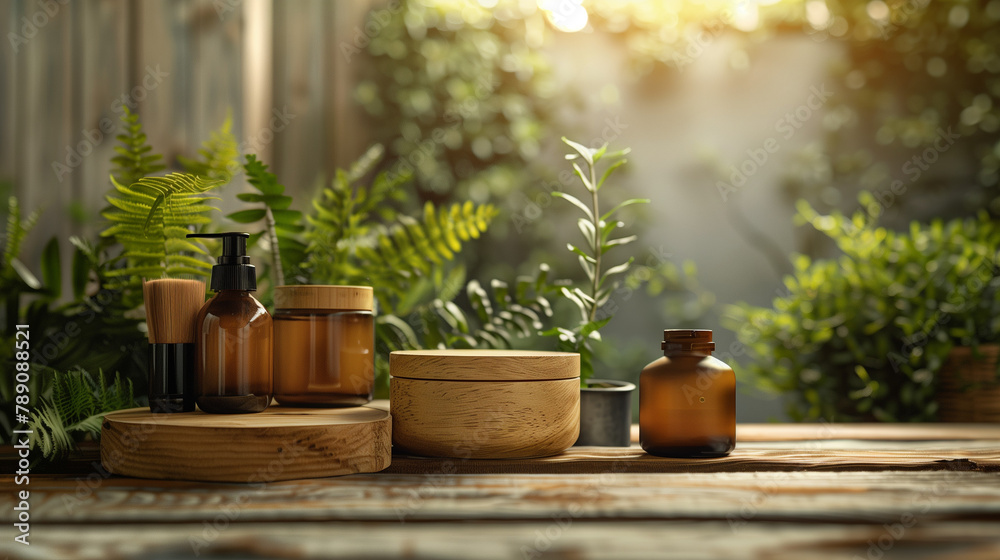 A wooden table with a variety of glass bottles and containers A wooden table with a variety of glass bottles and containers