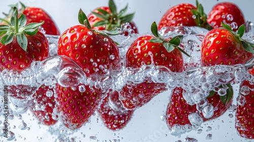 Strawberries immersed in flowing water