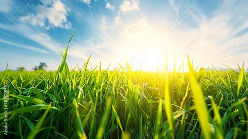 Close up of a spring field with fresh shoots of wheat against the sky Ecology concept Photo wallpaper of cultivation land Image of template green grass texture Beauty of earth : Generative AI