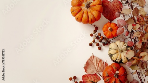 Creative Top view flat lay autumn composition Frame made of pumpkins dried flowers leaves color paper background copy space Template fall harvest thanksgiving halloween anniversary inv : Generative AI photo