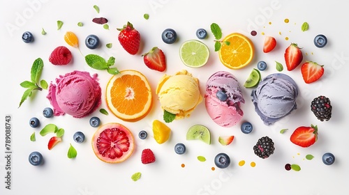 Colorful ice cream with mixed berry and various fruits raspberry blueberry strawberry orange kiwi applelemon and peppermint setup on white background Summer and Sweet menu concept fla : Generative AI