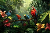 : A vibrant jungle with exotic birds and colorful flowers