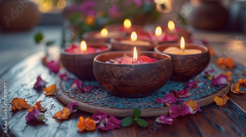 tibetan bowl and candles, ceremonial space photo