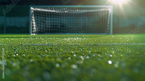 Closeup at football goal post structure which is placed on artificial turf ground pitch Sport equipment object photo : Generative AI photo