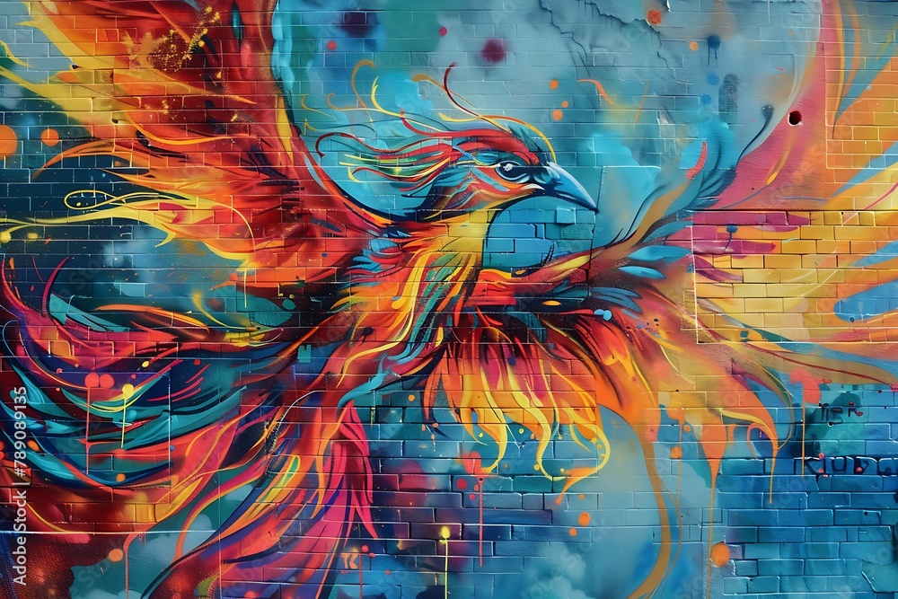 : A vibrant graffiti mural of a phoenix in flight,
