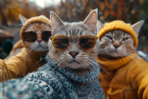 Adorable cats wearing cute yellow sweaters striking a pose amidst the cozy autumn settings photo