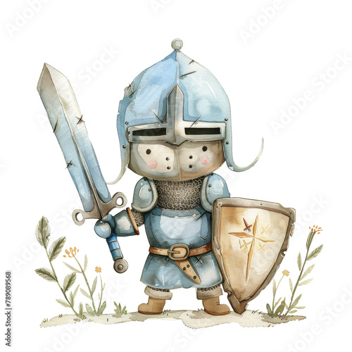 Cute cartoon illustration of a valiant knight in armor stands ready, ideal for storytelling in children's books or historical education materials.