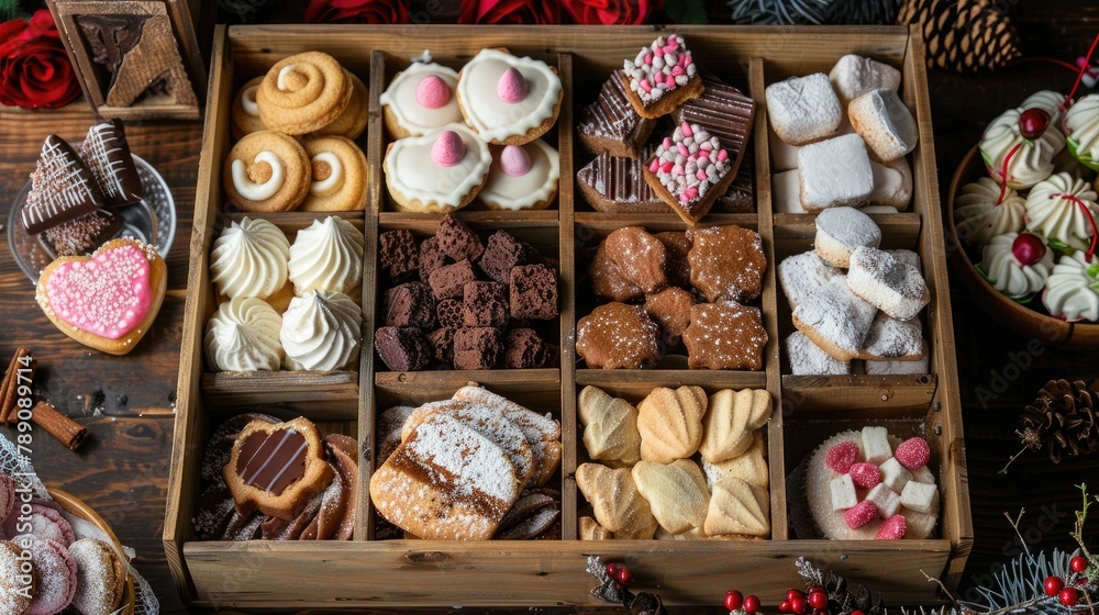 A wooden box filled with a delightful assortment of Valentine s Day treats and cookies awaits from rich chocolates and sweet candies to airy meringues fluffy marshmallows delicate linzer co A wooden box filled with a delightful assortment of Valentine s Day treats and cookies awaits from rich chocolates and sweet candies to airy meringues fluffy marshmallows delicate linzer co