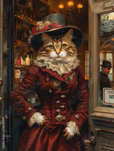 Fashionable American Shorthair cat sporting 1910 vintage attire, standing at the doorway of a classic French cafe, depicted in rich oil painting style