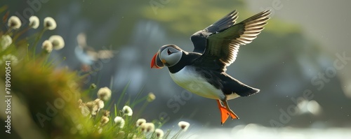 A close up of the beautiful Atlantic puffin fratelcula bird in the wild nature.