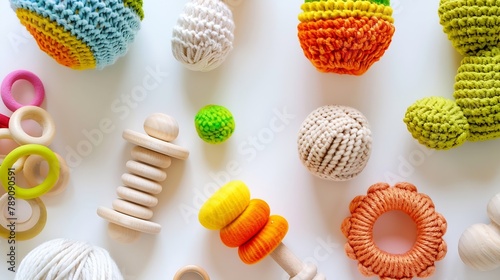 Hep of wooden and knitting eco toys for baby activity motor and sensory development on white table top view : Generative AI photo