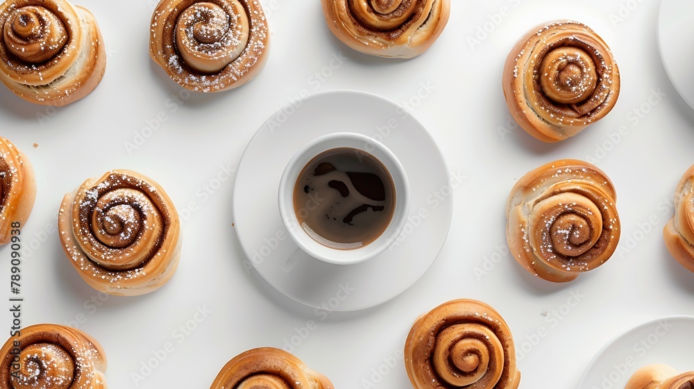 Creative layout made of cinnamon buns and cup of coffee on the white background Flat lay Food concept : Generative AI Creative layout made of cinnamon buns and cup of coffee on the white background Flat lay Food concept : Generative AI