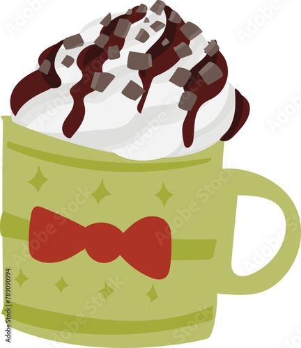 Christmas mug with hot drink illustration on transparent background.
