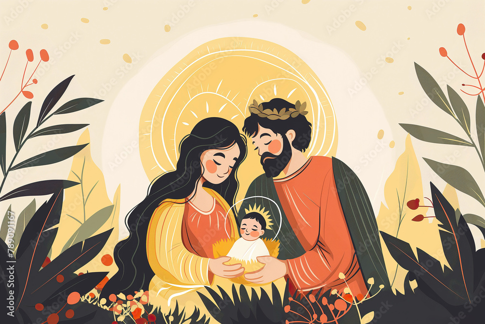 A painting depicting a man and woman tenderly holding a baby in a Christmas nativity scene. A painting depicting a man and woman tenderly holding a baby in a Christmas nativity scene.