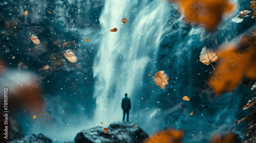 A person standing on a rock in front of a waterfall.