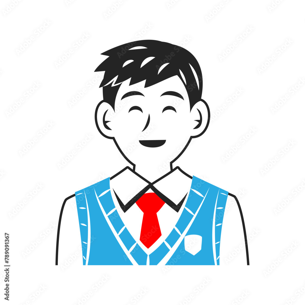 ベストを着た笑顔の高校生の顔。シンプルなベクターイラスト。 Face of a smiling  high school student wearing a vest. Simple vector illustration.