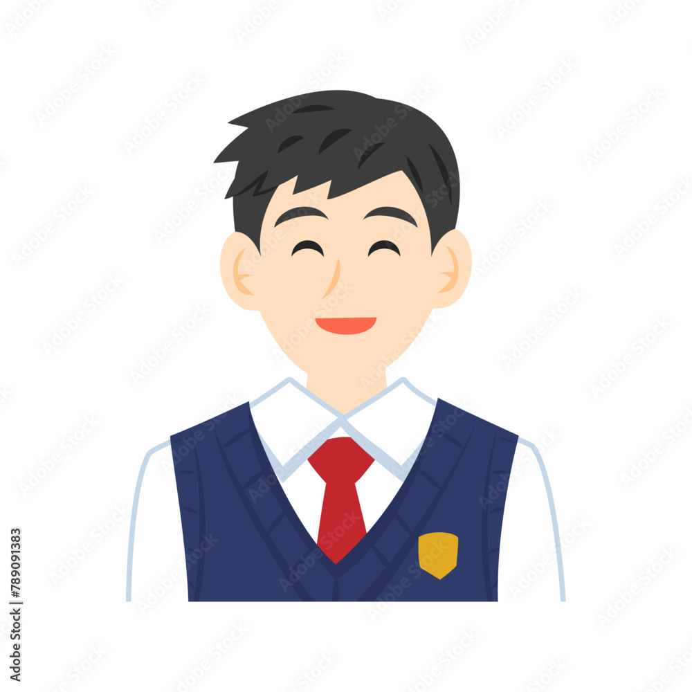 ベストを着た笑顔の高校生の顔。フラットなベクターイラスト。 Face of a smiling high school student wearing a vest. Flat vector illustration. ベストを着た笑顔の高校生の顔。フラットなベクターイラスト。 Face of a smiling high school student wearing a vest. Flat vector illustration.