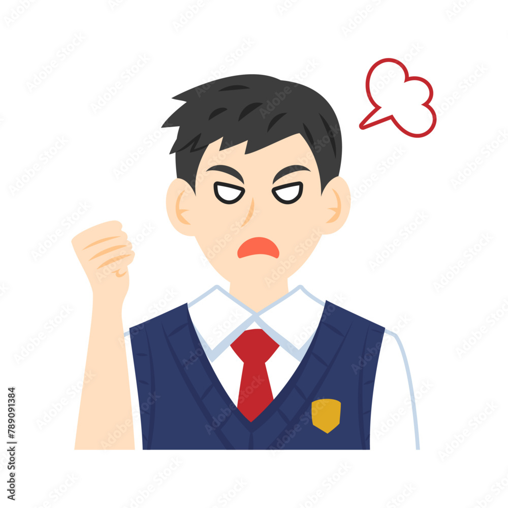 ベストを着た怒る高校生の顔。フラットなベクターイラスト。 Face of an angry  high school student wearing a vest. Flat vector illustration.