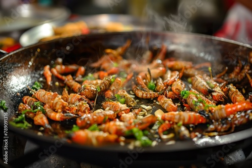 In a pan, fried worms prepared with garlic.