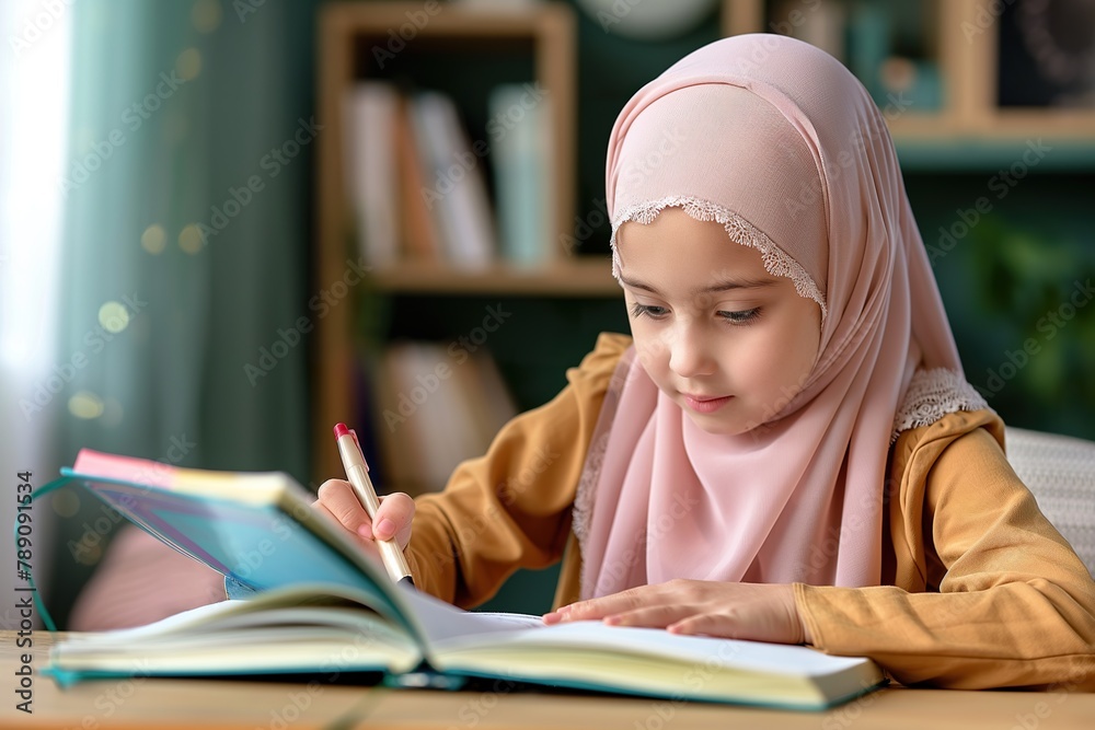 Young Muslim girl wearing a hijab sitting at a table, engrossed in a book. Young Muslim girl wearing a hijab sitting at a table, engrossed in a book.
