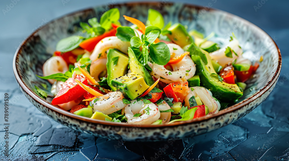 Tasty salad with squid and avocado on blue background