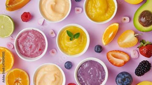Baby puree recipe made of fresh fruits First baby solid food recipe idea Top view  flat lay : Generative AI